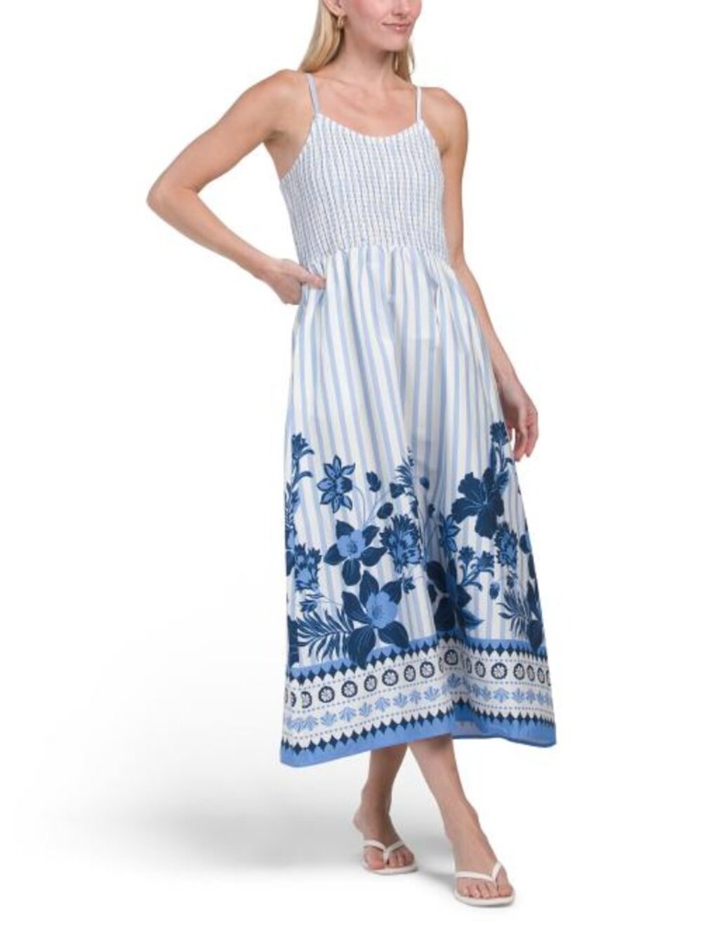 CALYPSO ST. BARTH Smocked Floral Striped Midi Dress